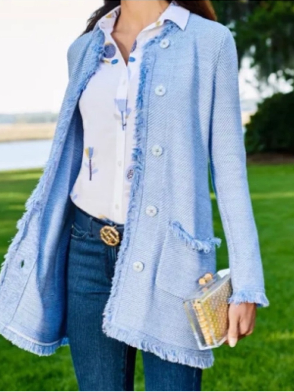 J. McLaughlin Lexa Cardigan Sweater Small Blue Fringe Cotton Modal Preppy